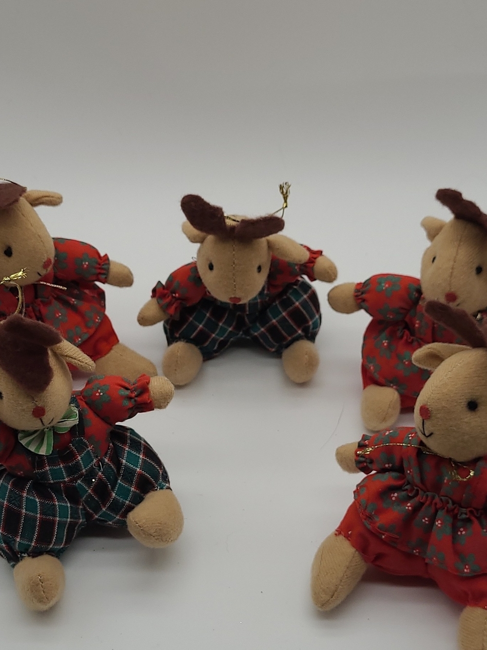 Vintage Plush Reindeer Ornament Set in Red, Green and Tan